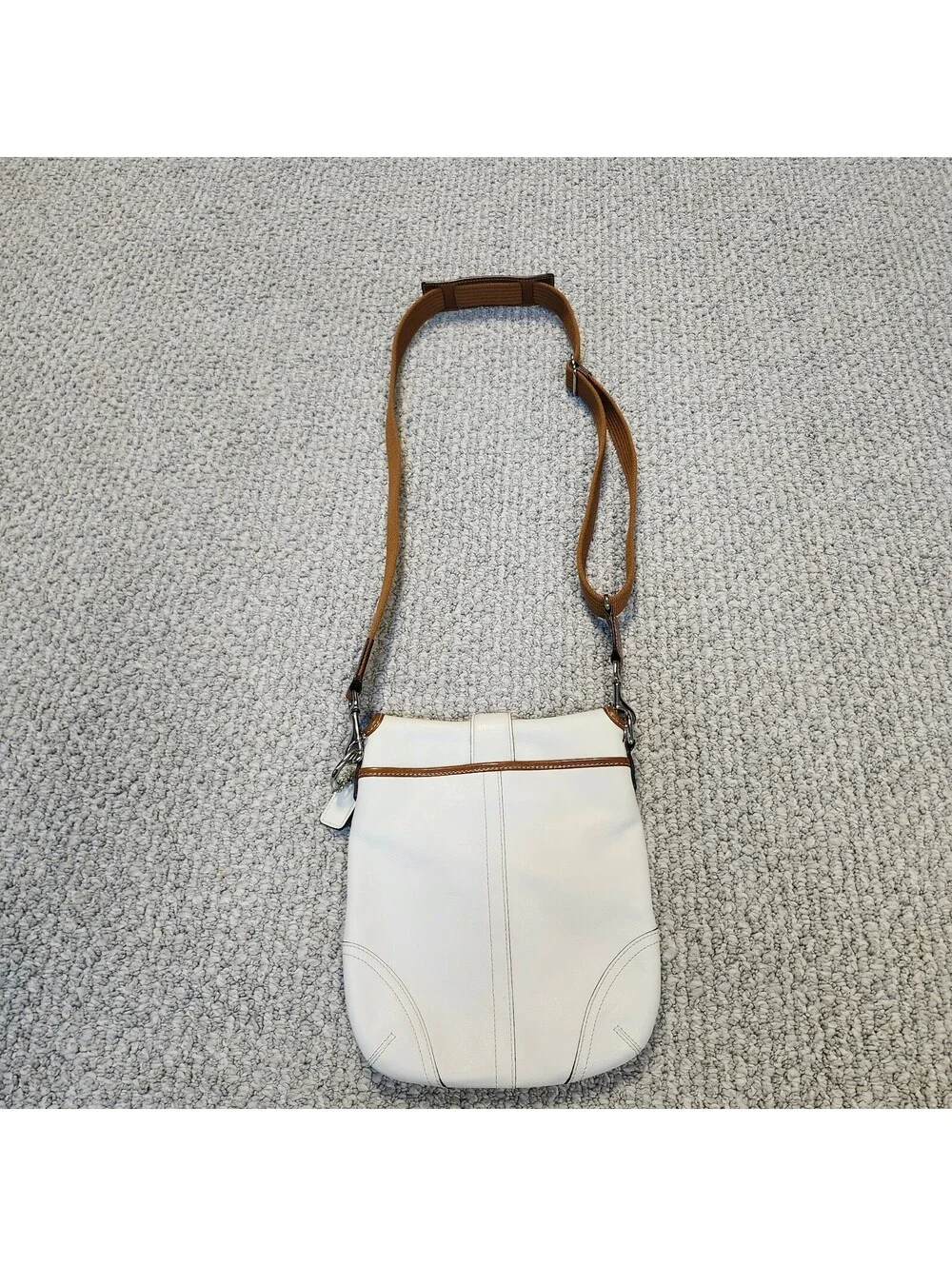 Coach White Leather Crossbody Bag with Brown Trim and Adjustable Strap